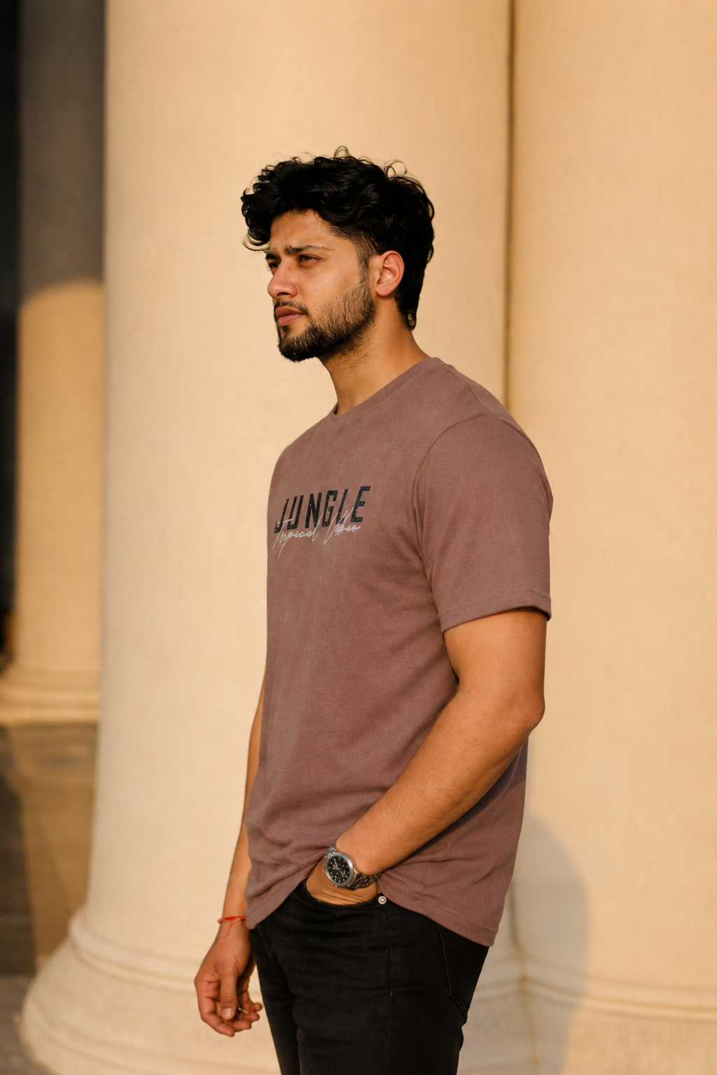 Men Round Neck Chest Print Half Sleeves T-Shirt