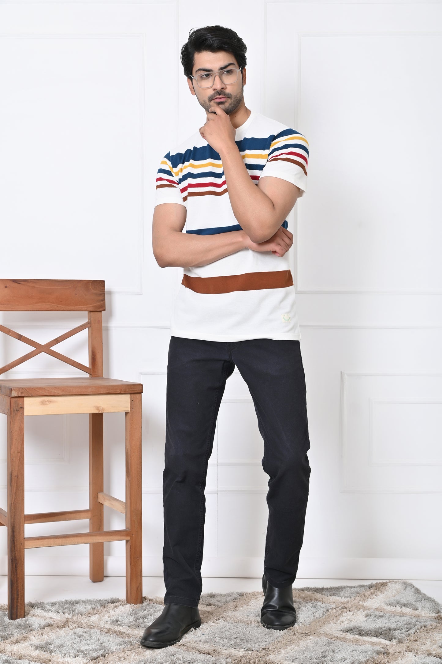Men Round Neck Stripes Half Sleeves T-Shirt