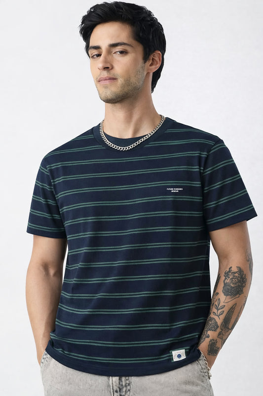 Men Round Neck Stripes Half Sleeves T-Shirt