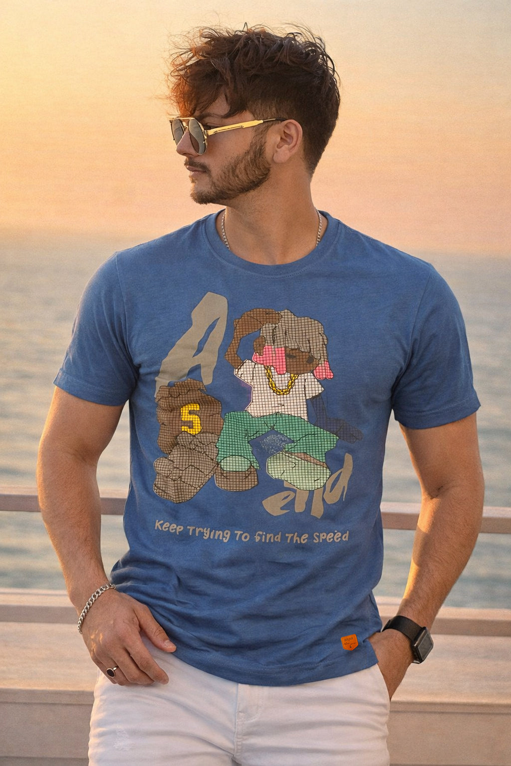 Men Round Neck Chest Print Half Sleeves T-Shirt