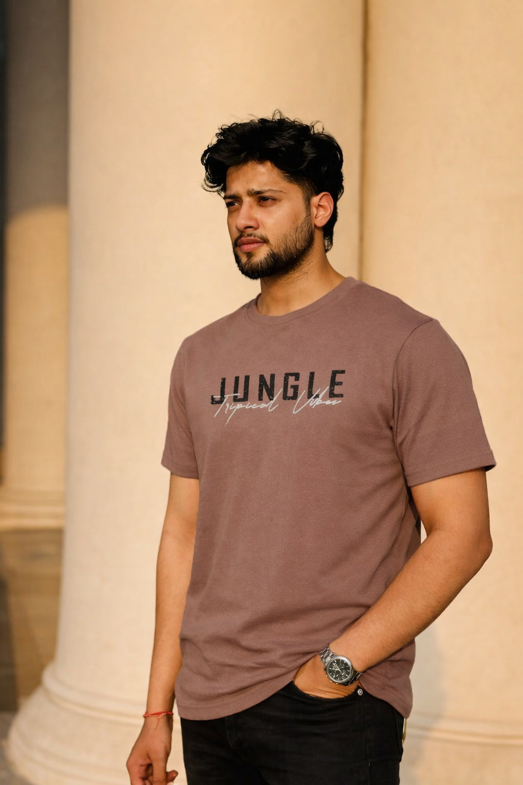Men Round Neck Chest Print Half Sleeves T-Shirt