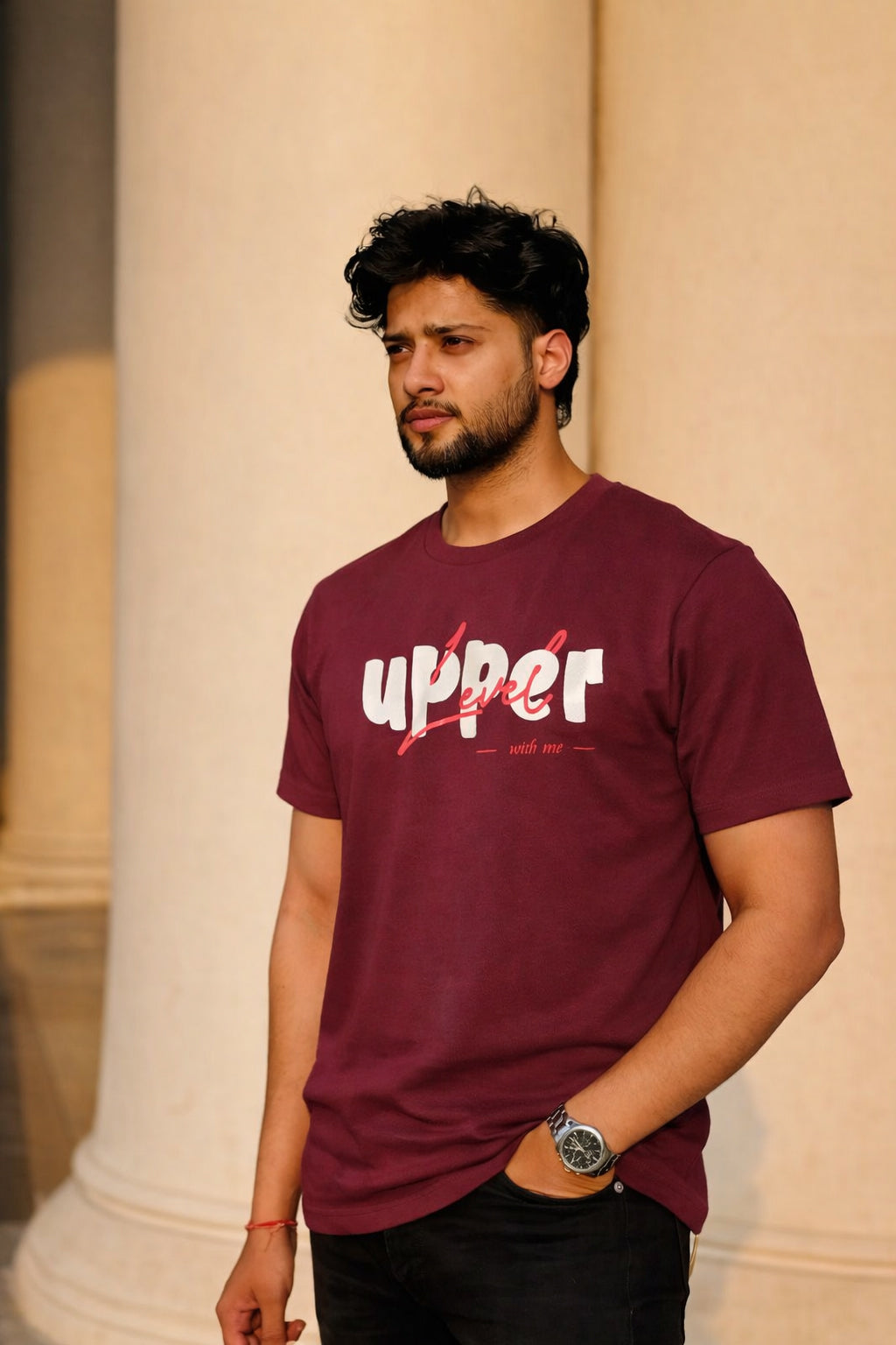 Men Round Neck Chest Print Half Sleeves T-Shirt
