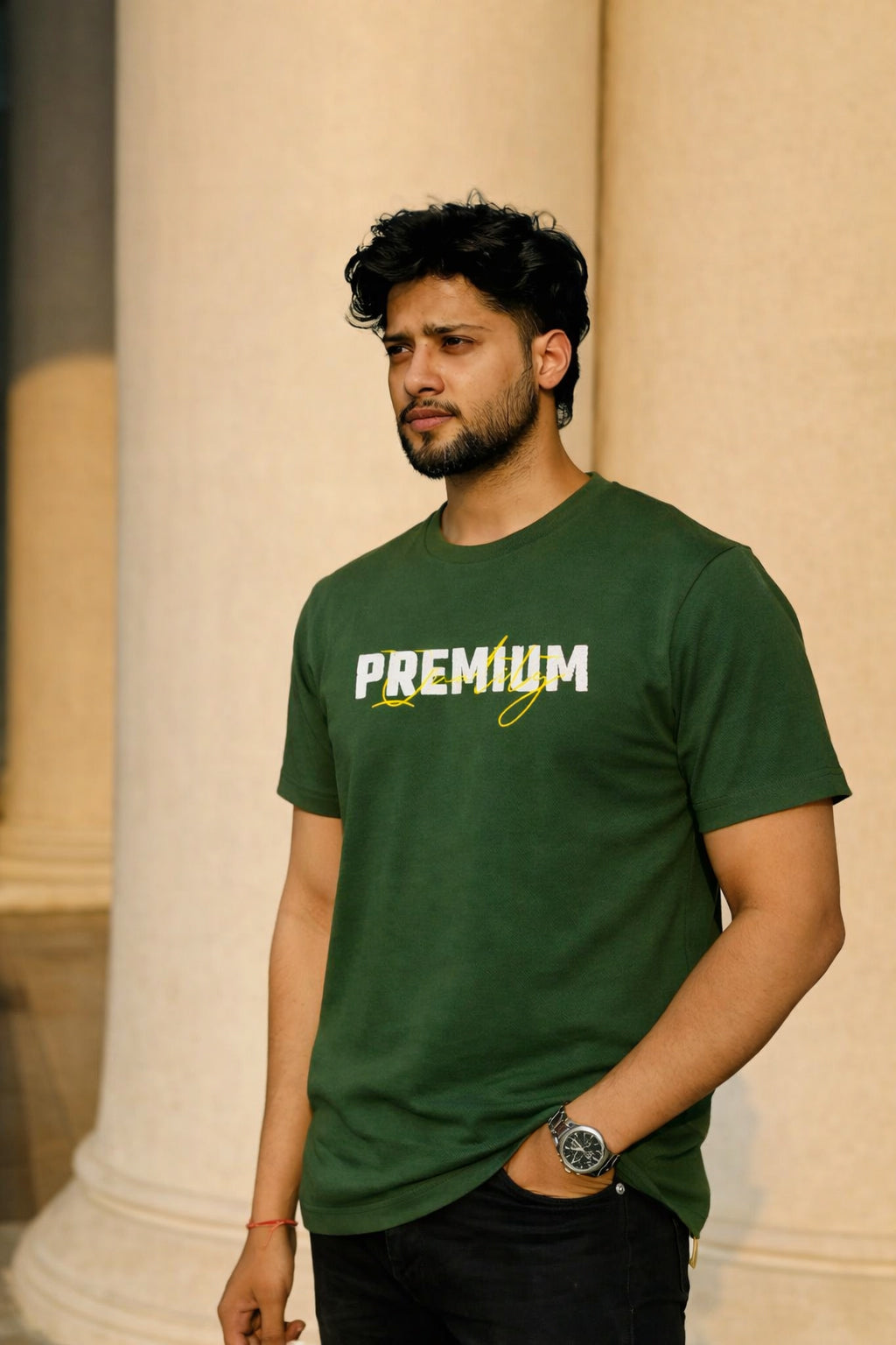 Men Round Neck Chest Print Half Sleeves T-Shirt