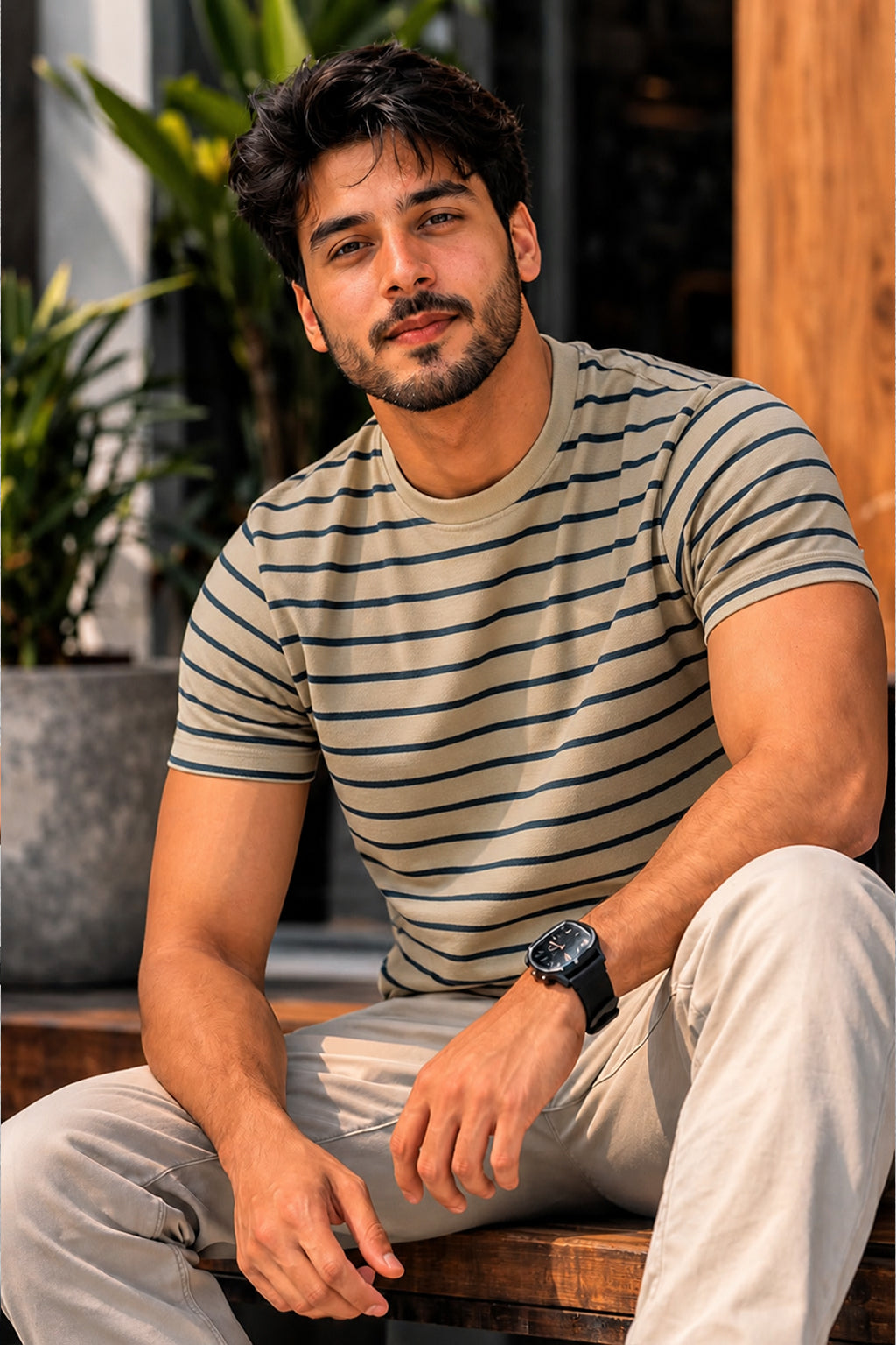 Men Round Neck Stripes Half Sleeves T-Shirt