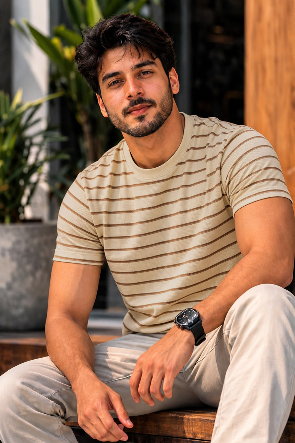 Men Round Neck Stripes Half Sleeves T-Shirt