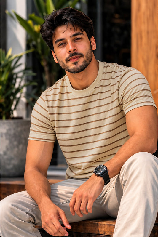 Men Round Neck Stripes Half Sleeves T-Shirt