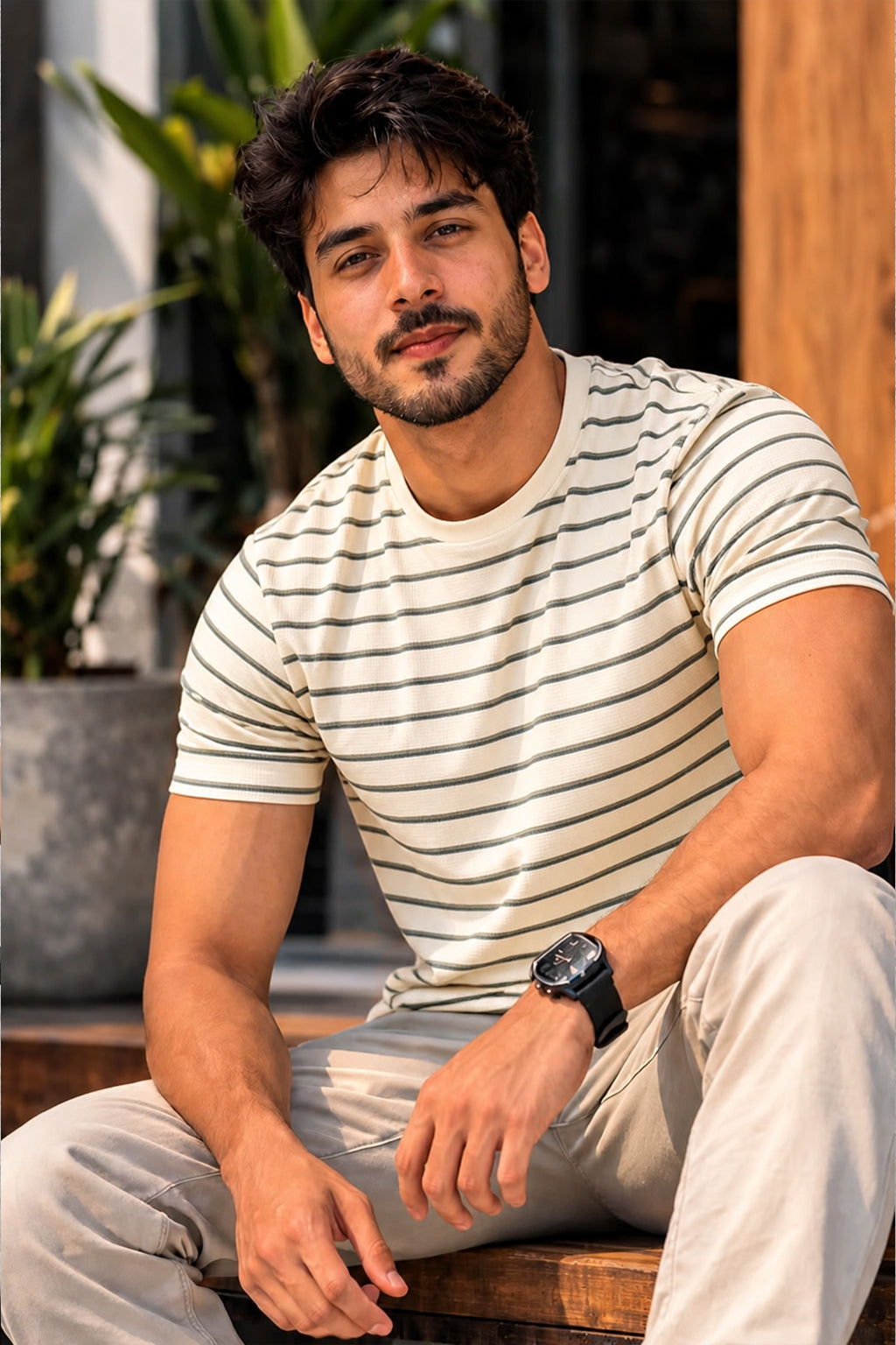 Men Round Neck Stripes Half Sleeves T-Shirt