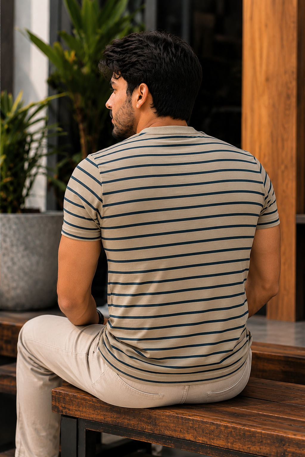 Men Round Neck Stripes Half Sleeves T-Shirt