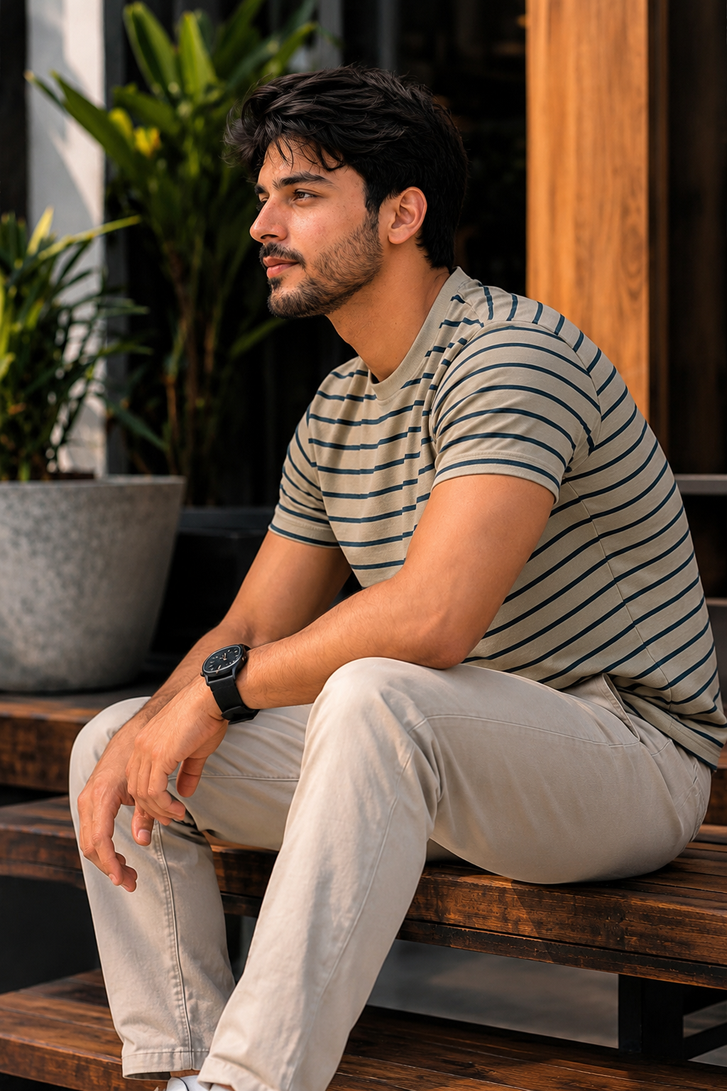 Men Round Neck Stripes Half Sleeves T-Shirt