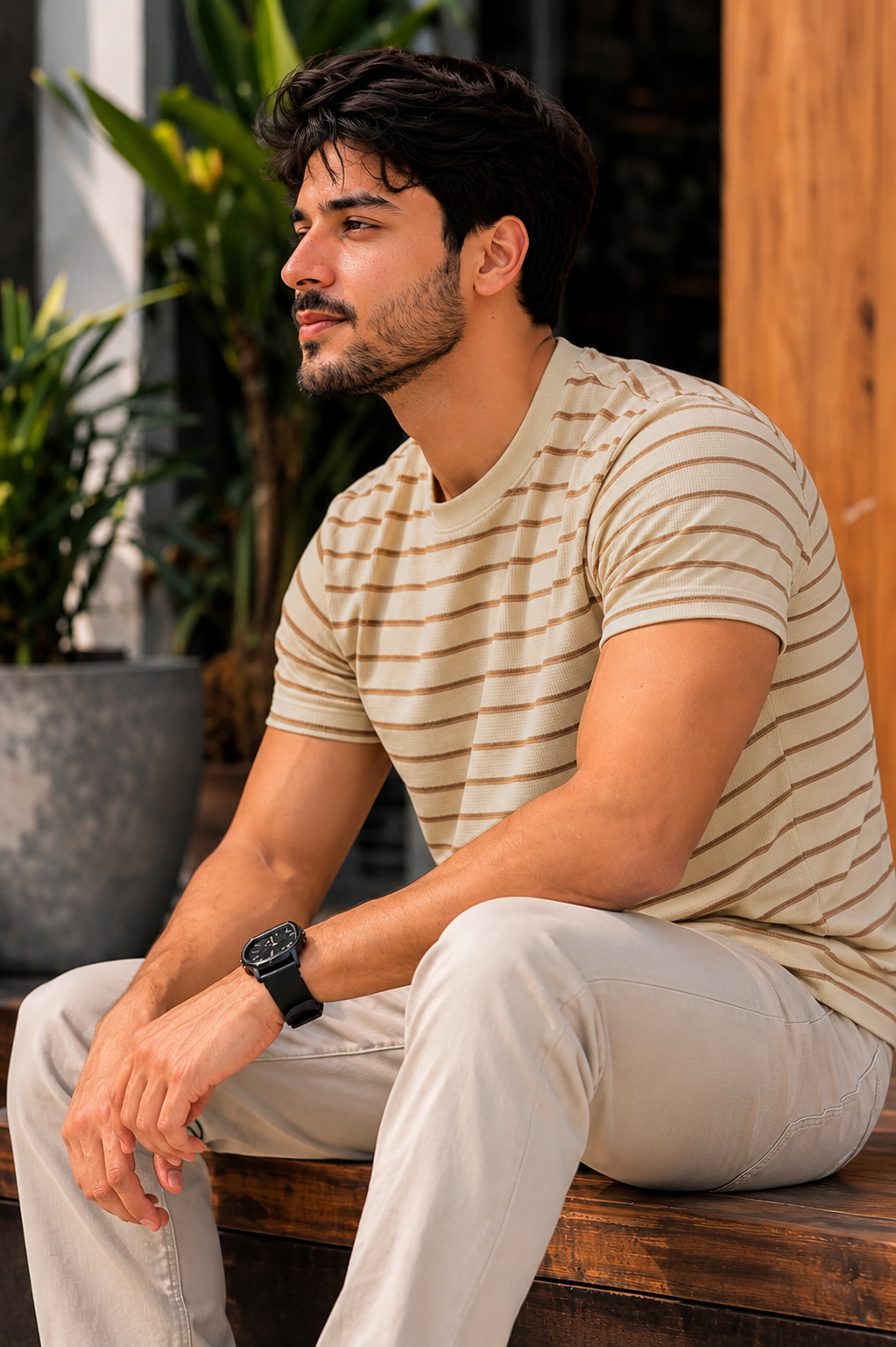 Men Round Neck Stripes Half Sleeves T-Shirt