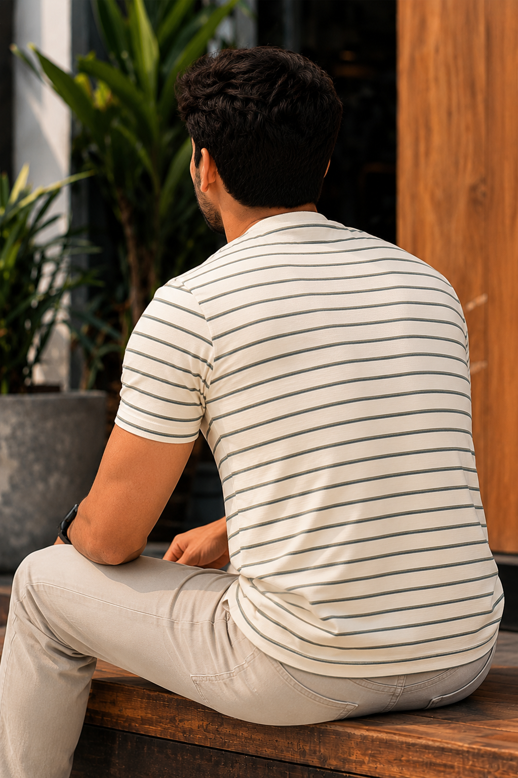 Men Round Neck Stripes Half Sleeves T-Shirt