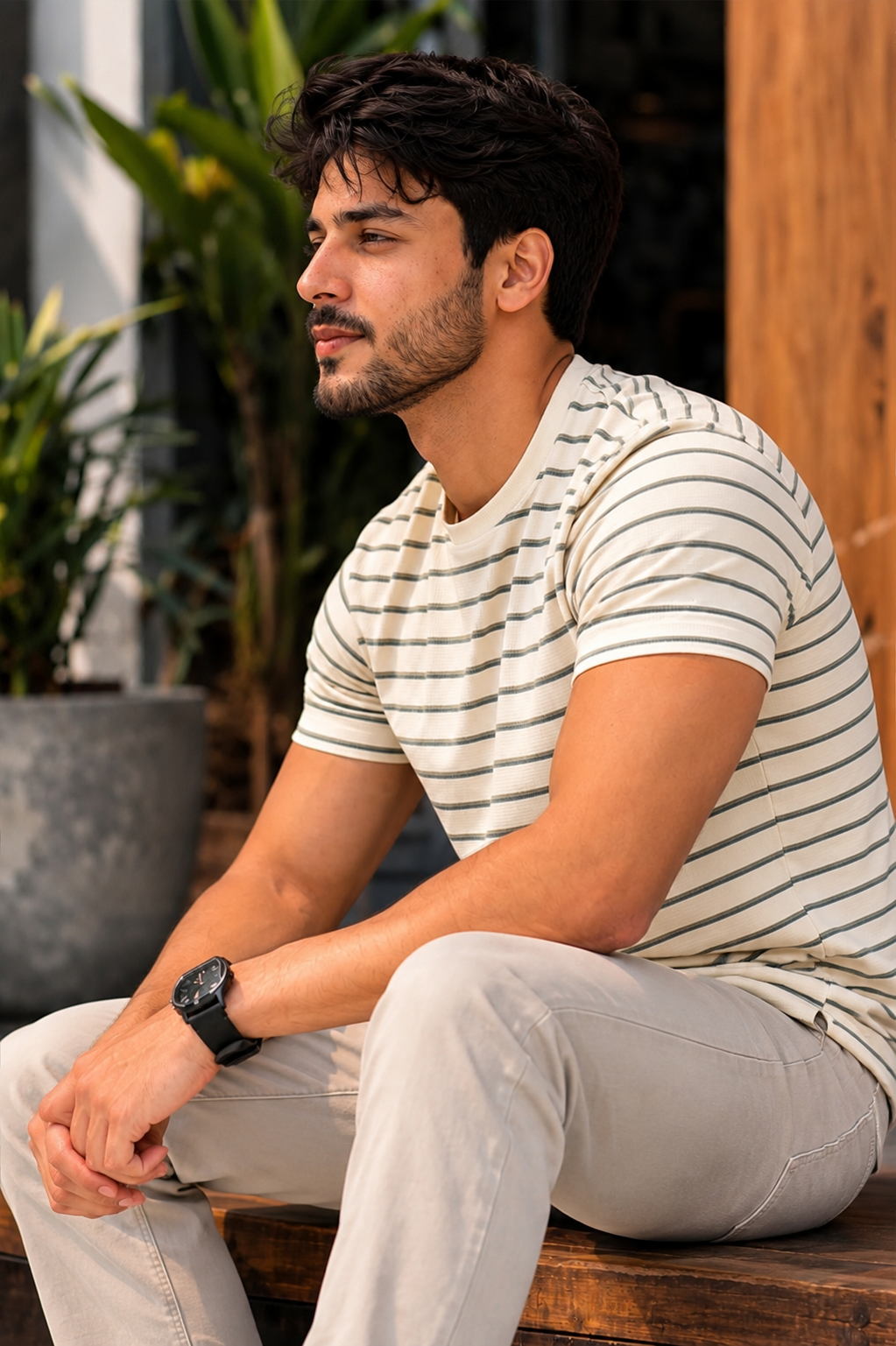 Men Round Neck Stripes Half Sleeves T-Shirt
