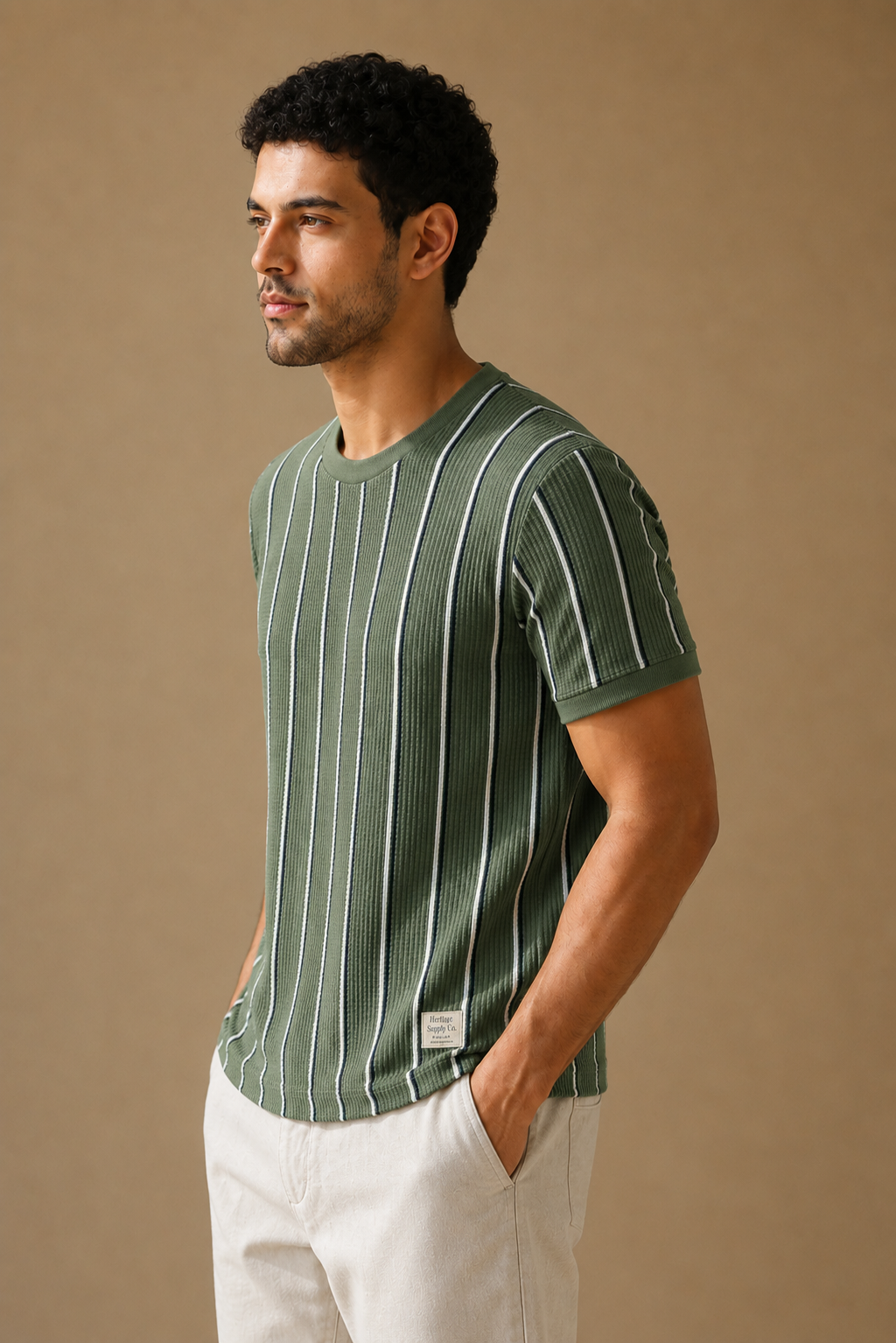 Men Round Neck Vertical Stripes Half Sleeves T-Shirt
