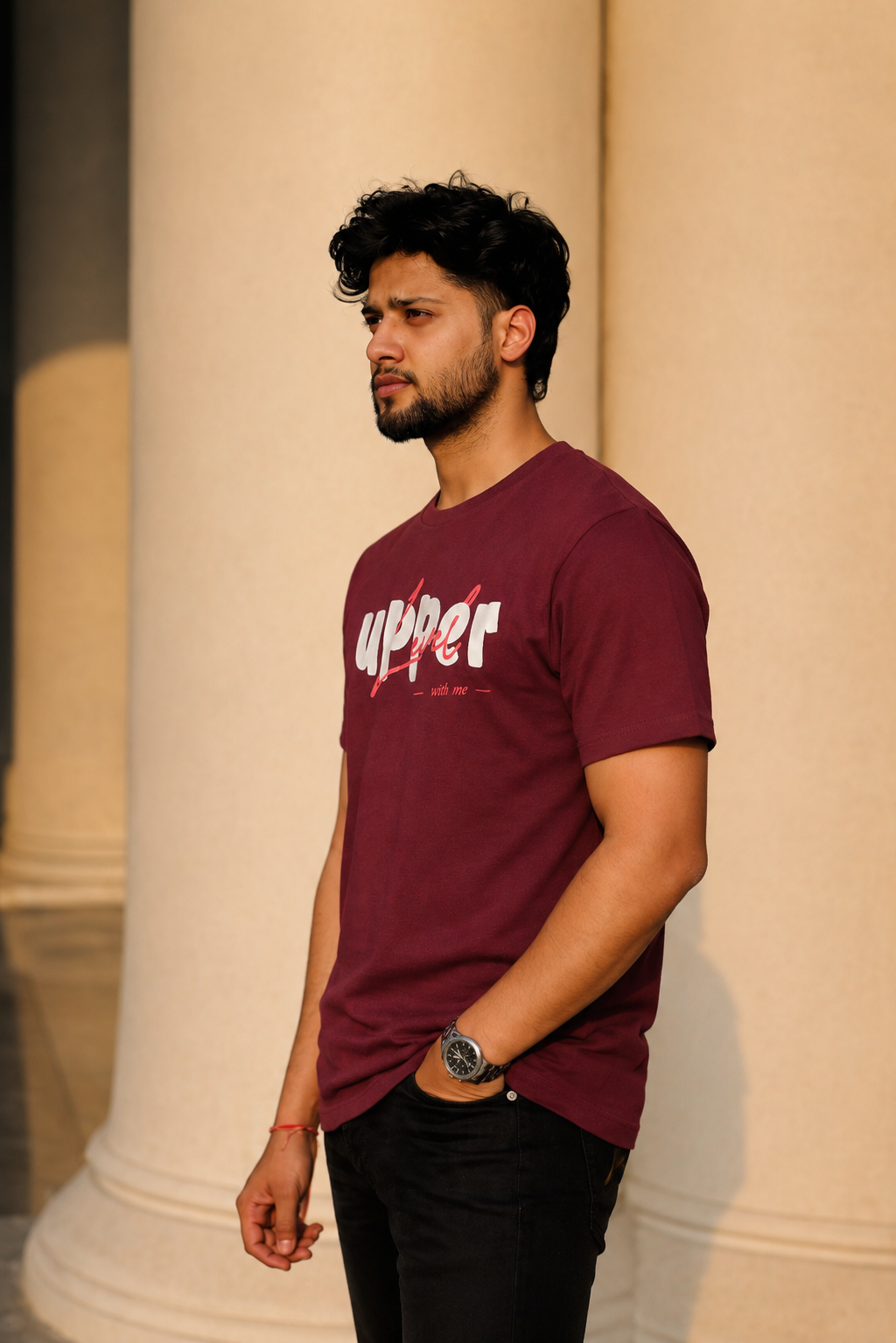 Men Round Neck Chest Print Half Sleeves T-Shirt