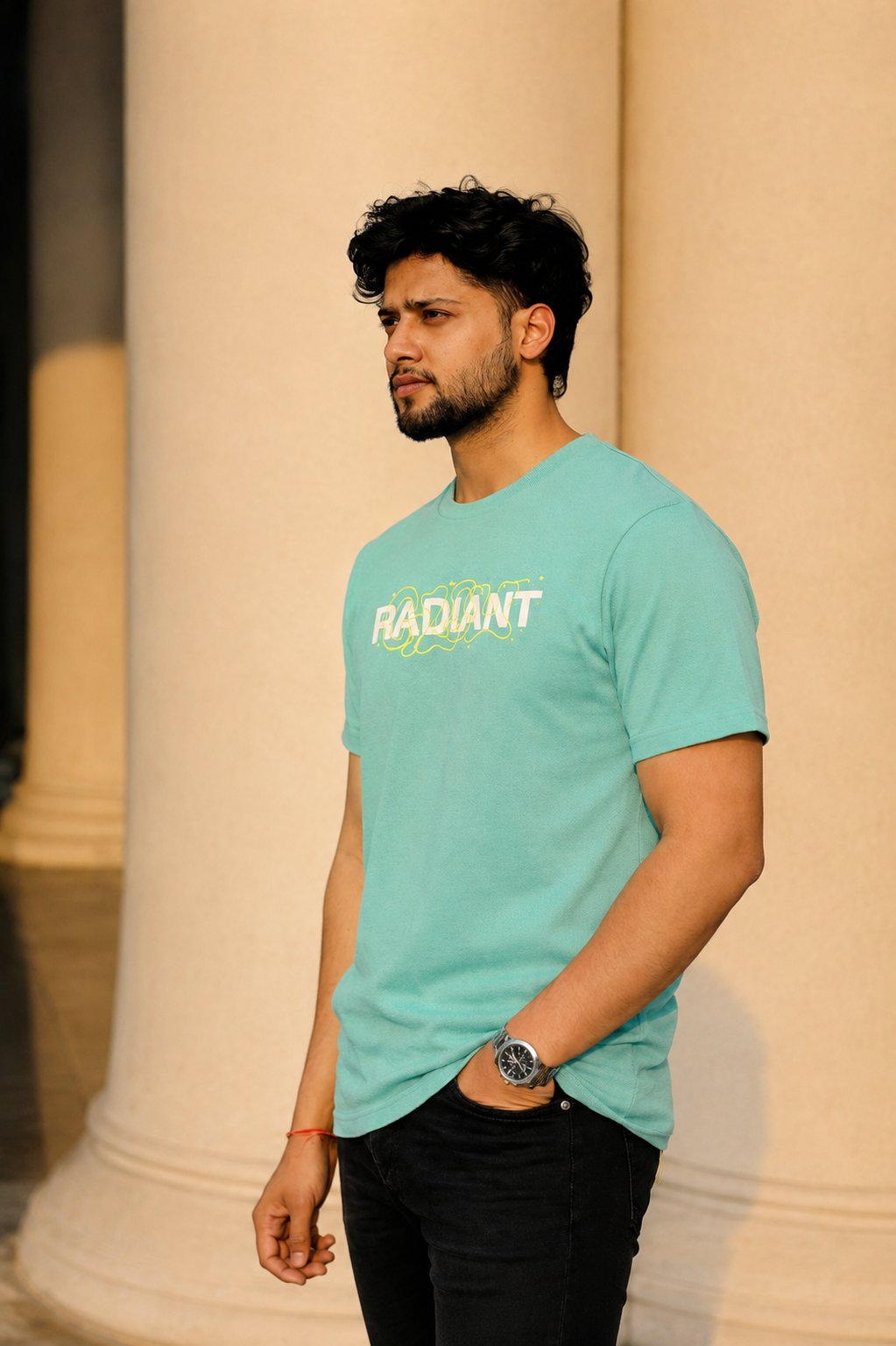 Men Round Neck Chest Print Half Sleeves T-Shirt