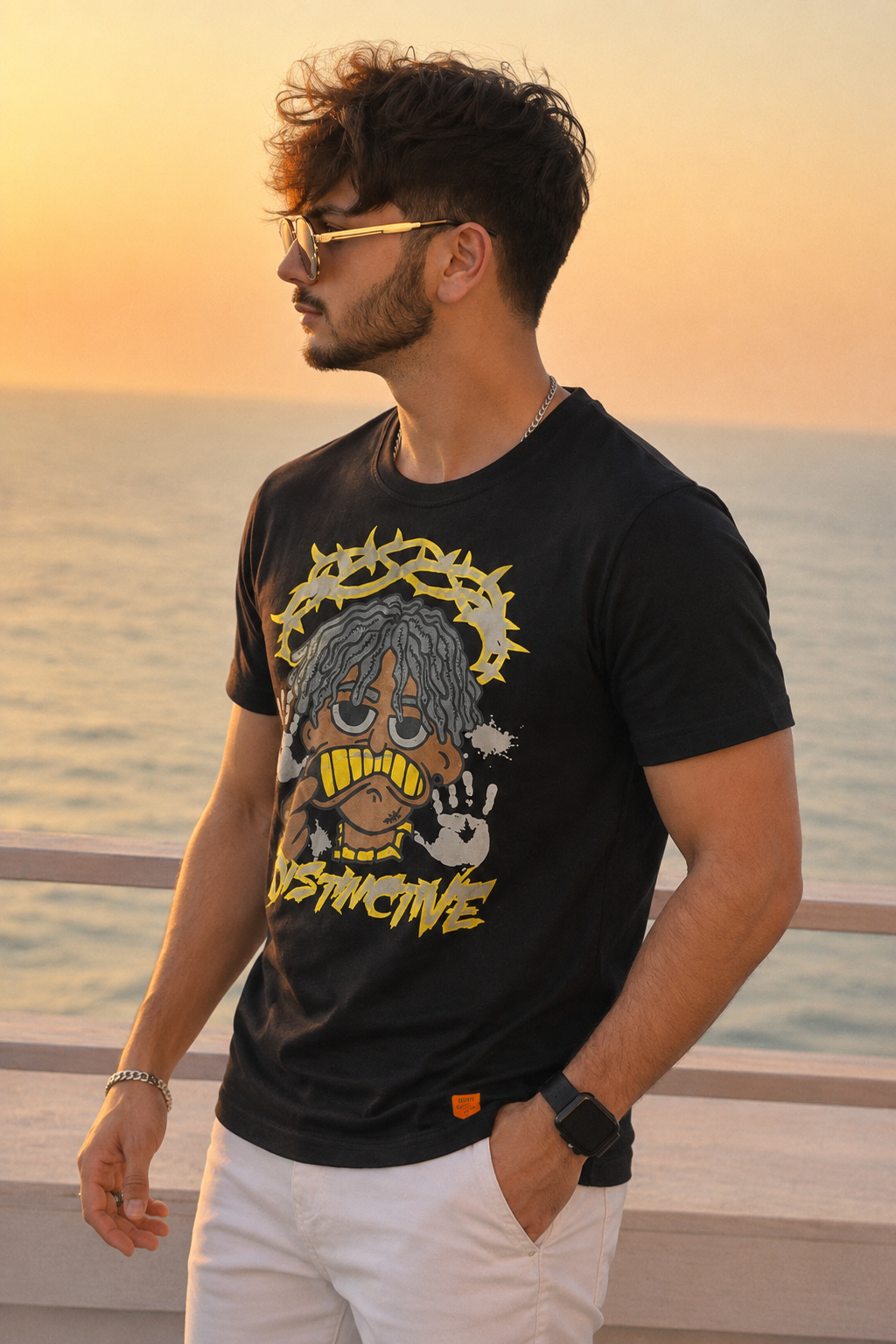 Men Round Neck Chest Print Half Sleeves T-Shirt
