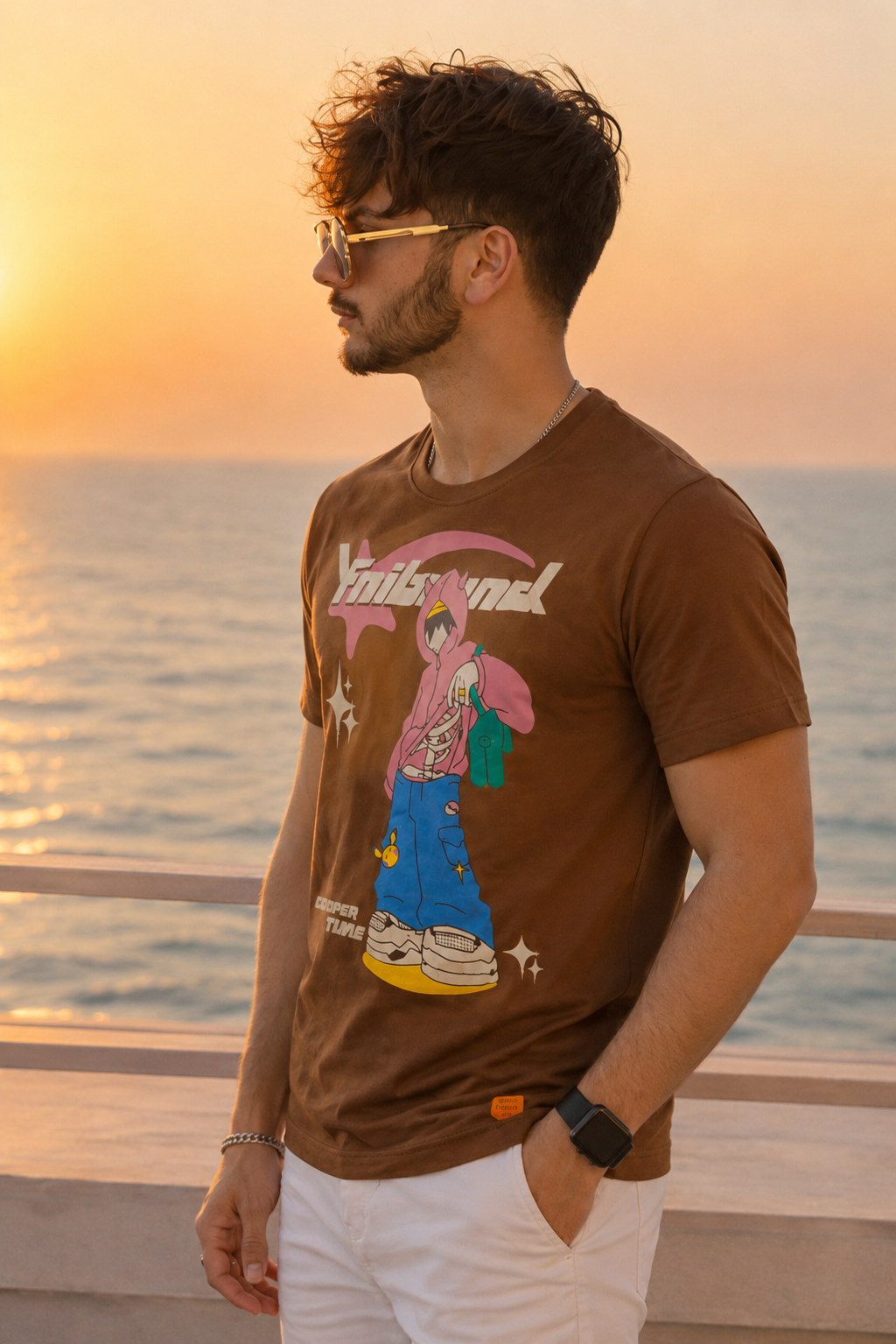 Men Round Neck Chest Print Half Sleeves T-Shirt
