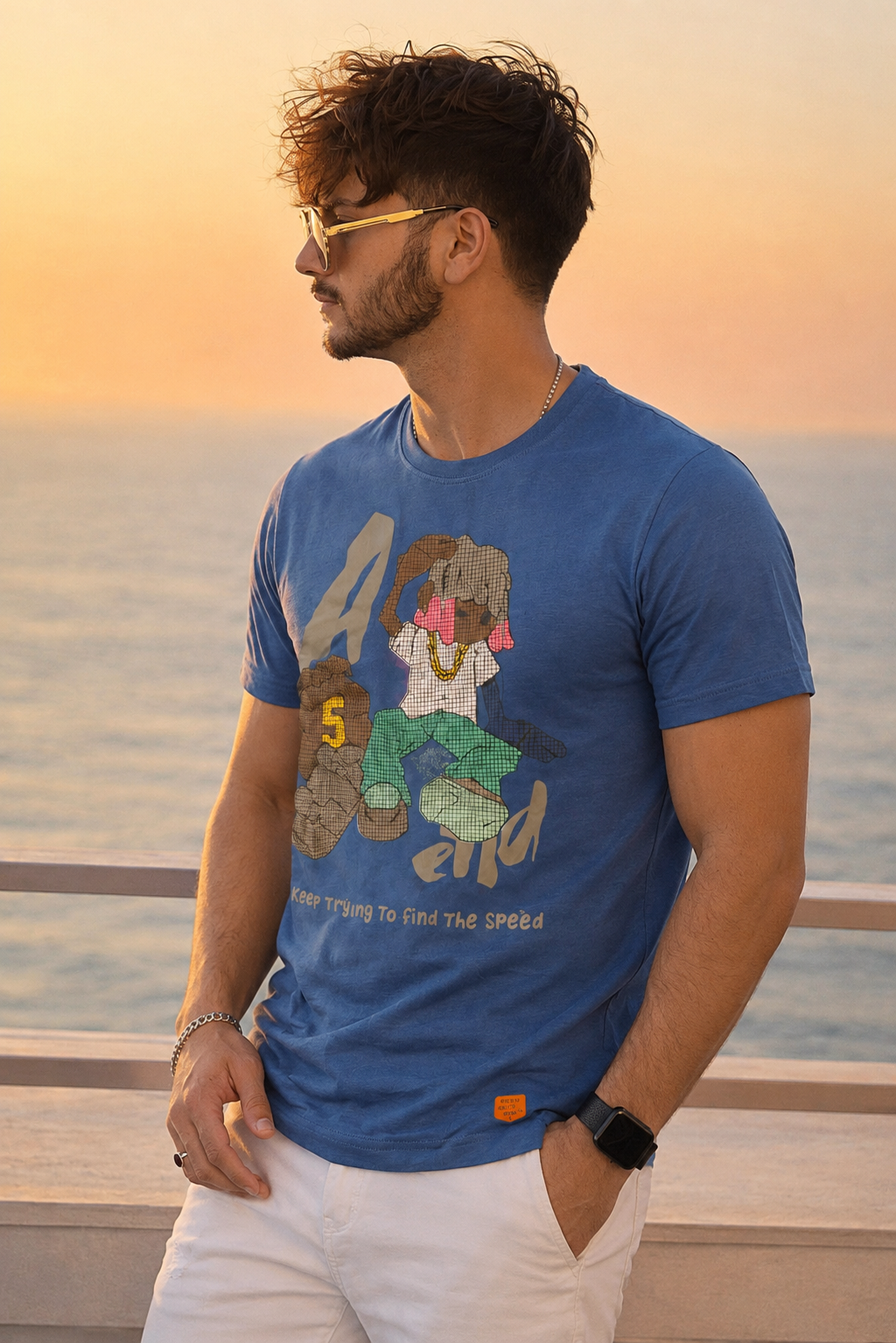 Men Round Neck Chest Print Half Sleeves T-Shirt