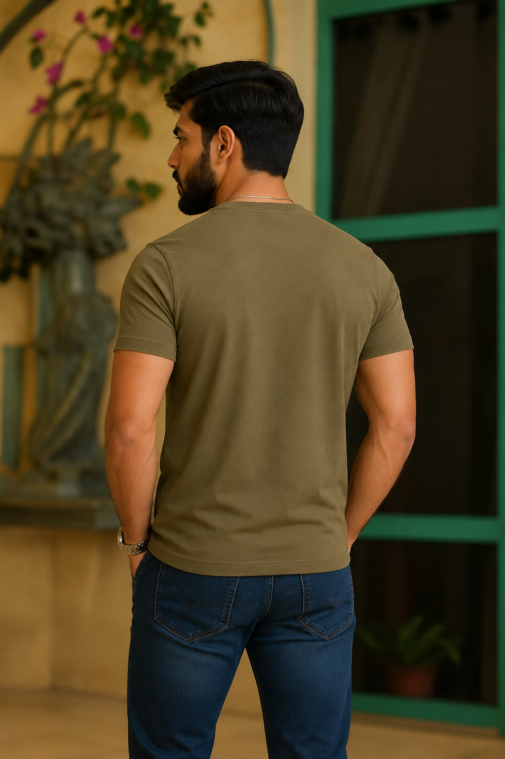 Men Round Neck Chest Print Side Pocket Half Sleeves T-Shirt