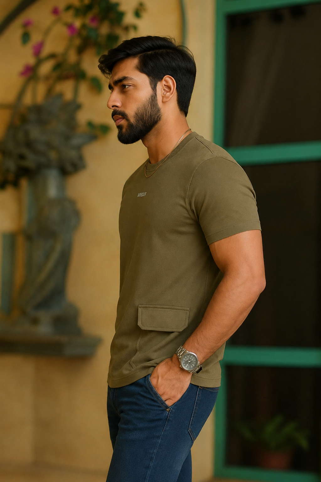Men Round Neck Chest Print Side Pocket Half Sleeves T-Shirt