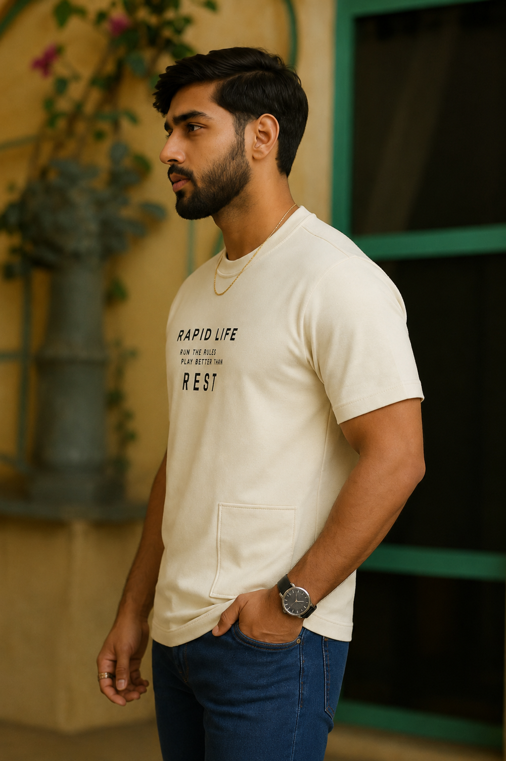 Men Round Neck Chest Print Side Pocket Half Sleeves T-Shirt
