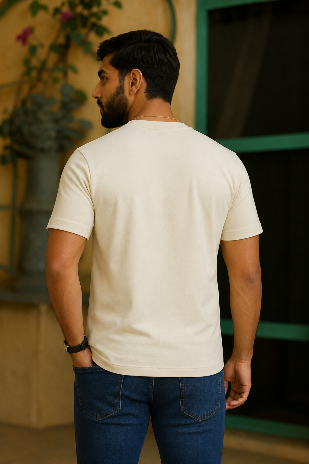 Men Round Neck Chest Print Side Pocket Half Sleeves T-Shirt