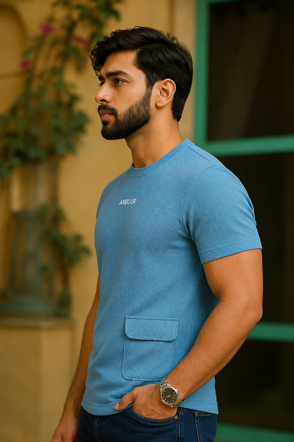 Men Round Neck Chest Print Side Pocket Half Sleeves T-Shirt