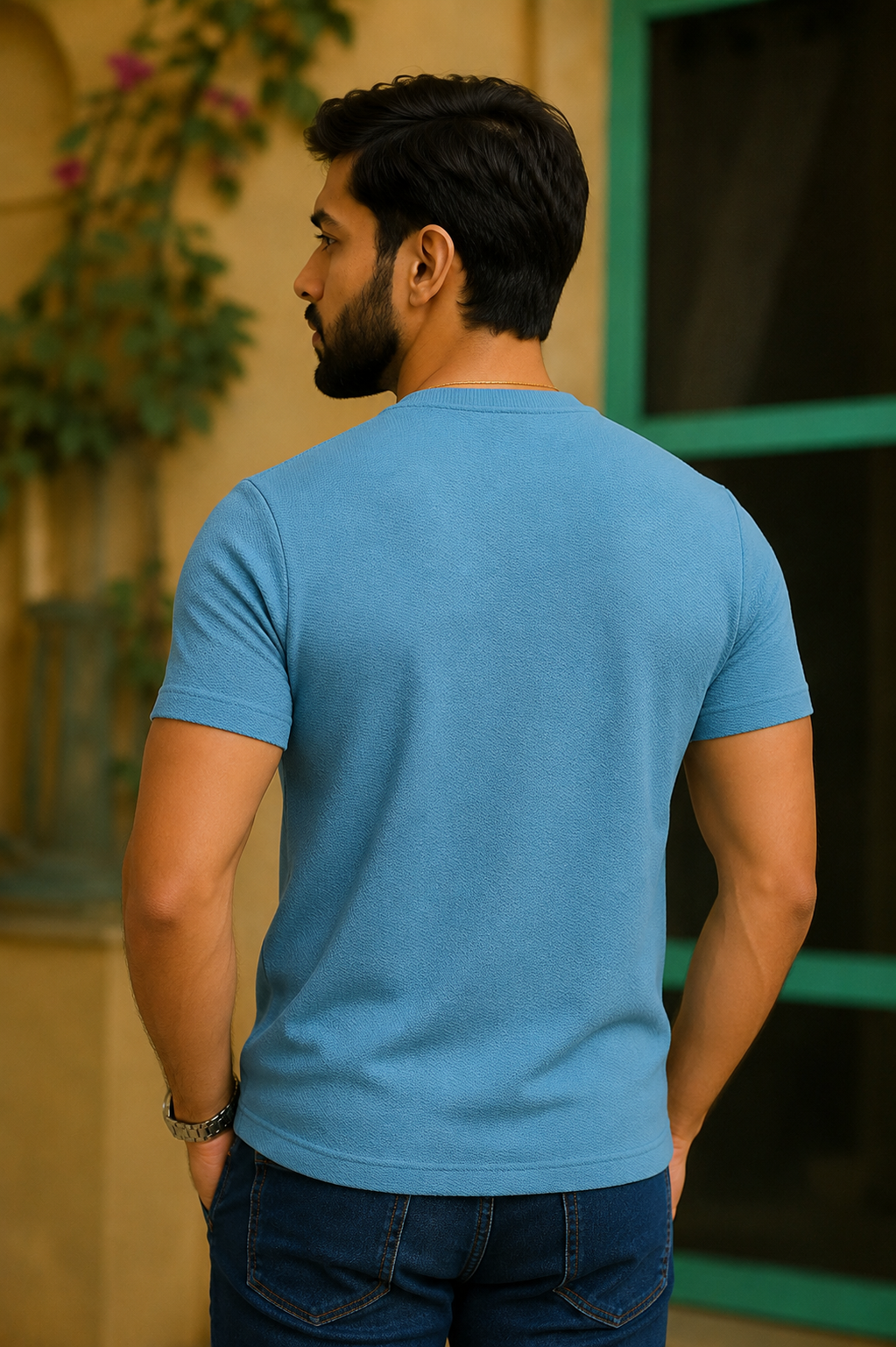 Men Round Neck Chest Print Side Pocket Half Sleeves T-Shirt