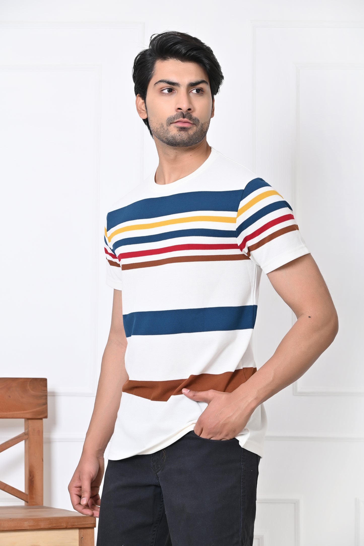 Men Round Neck Stripes Half Sleeves T-Shirt
