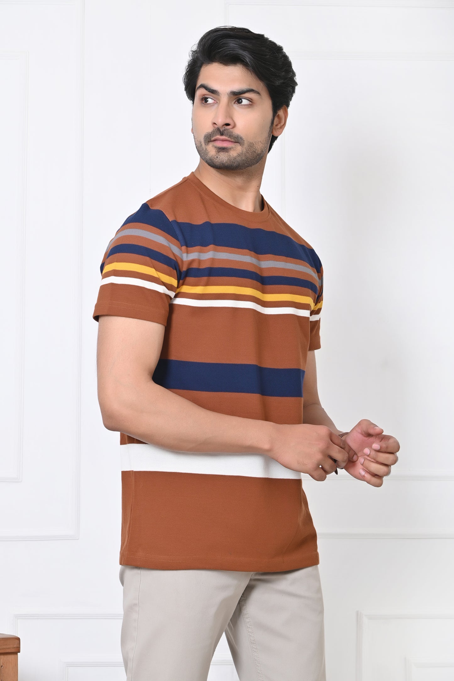 Men Round Neck Stripes Half Sleeves T-Shirt