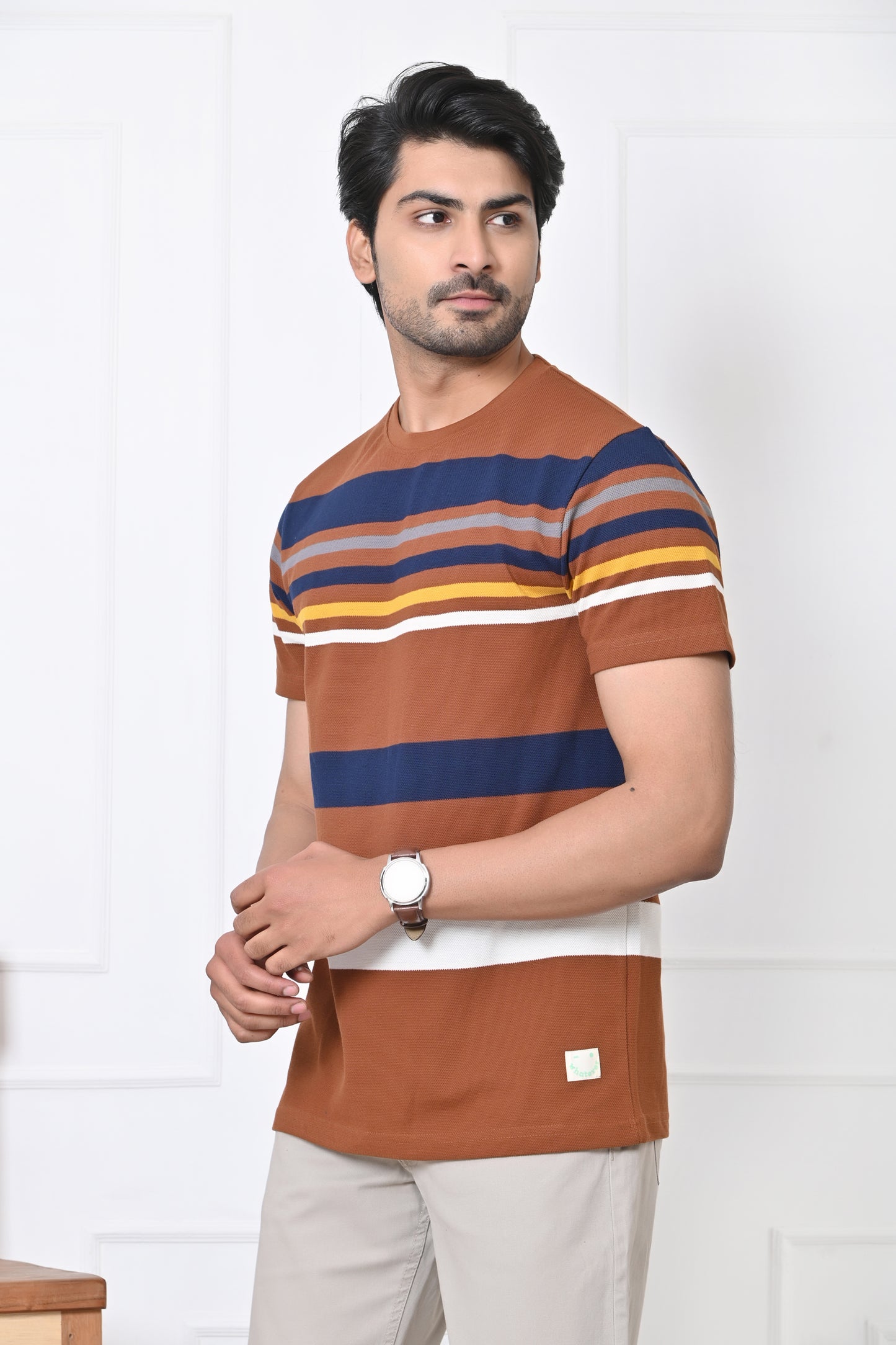 Men Round Neck Stripes Half Sleeves T-Shirt