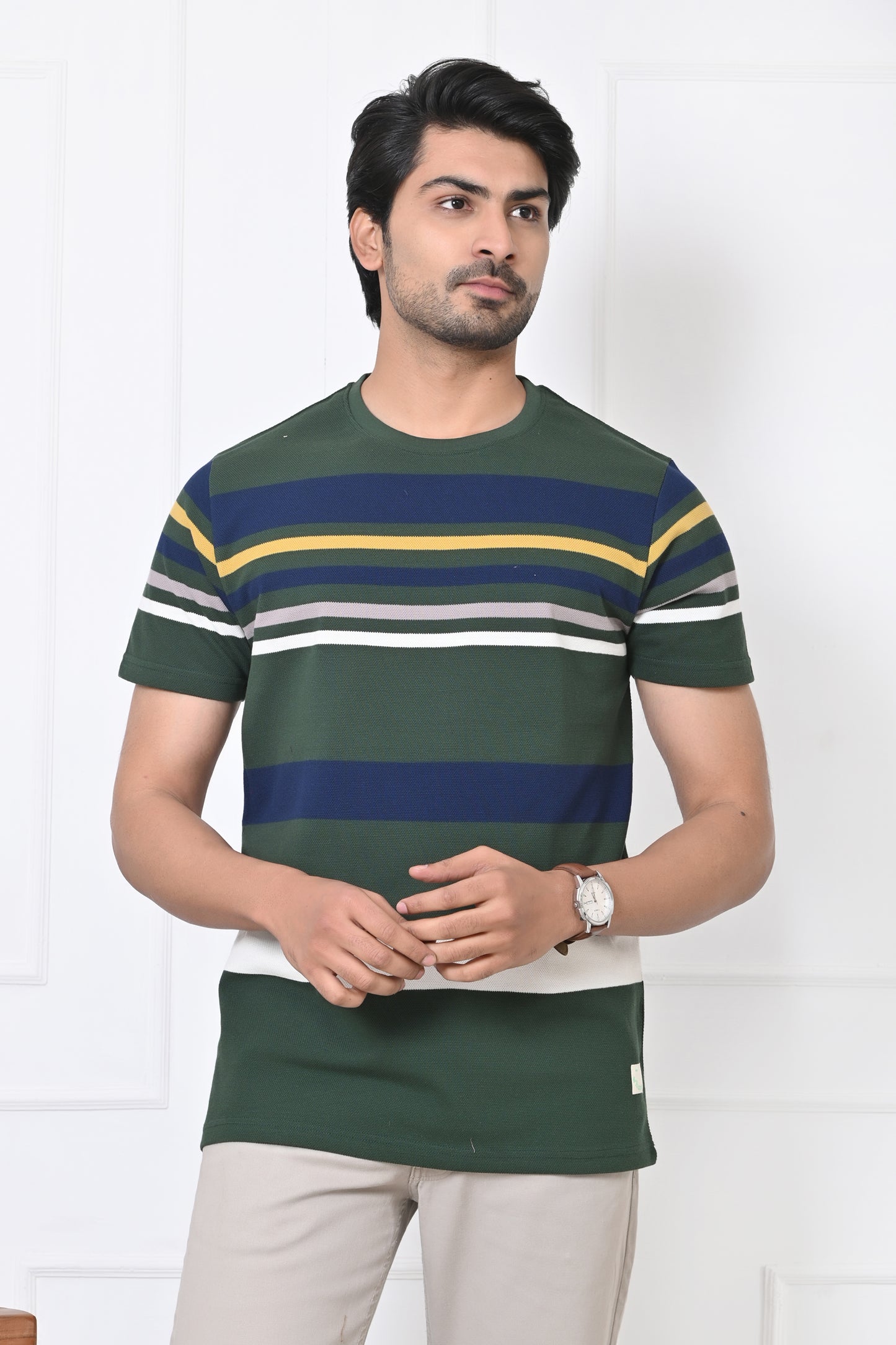 Men Round Neck Stripes Half Sleeves T-Shirt