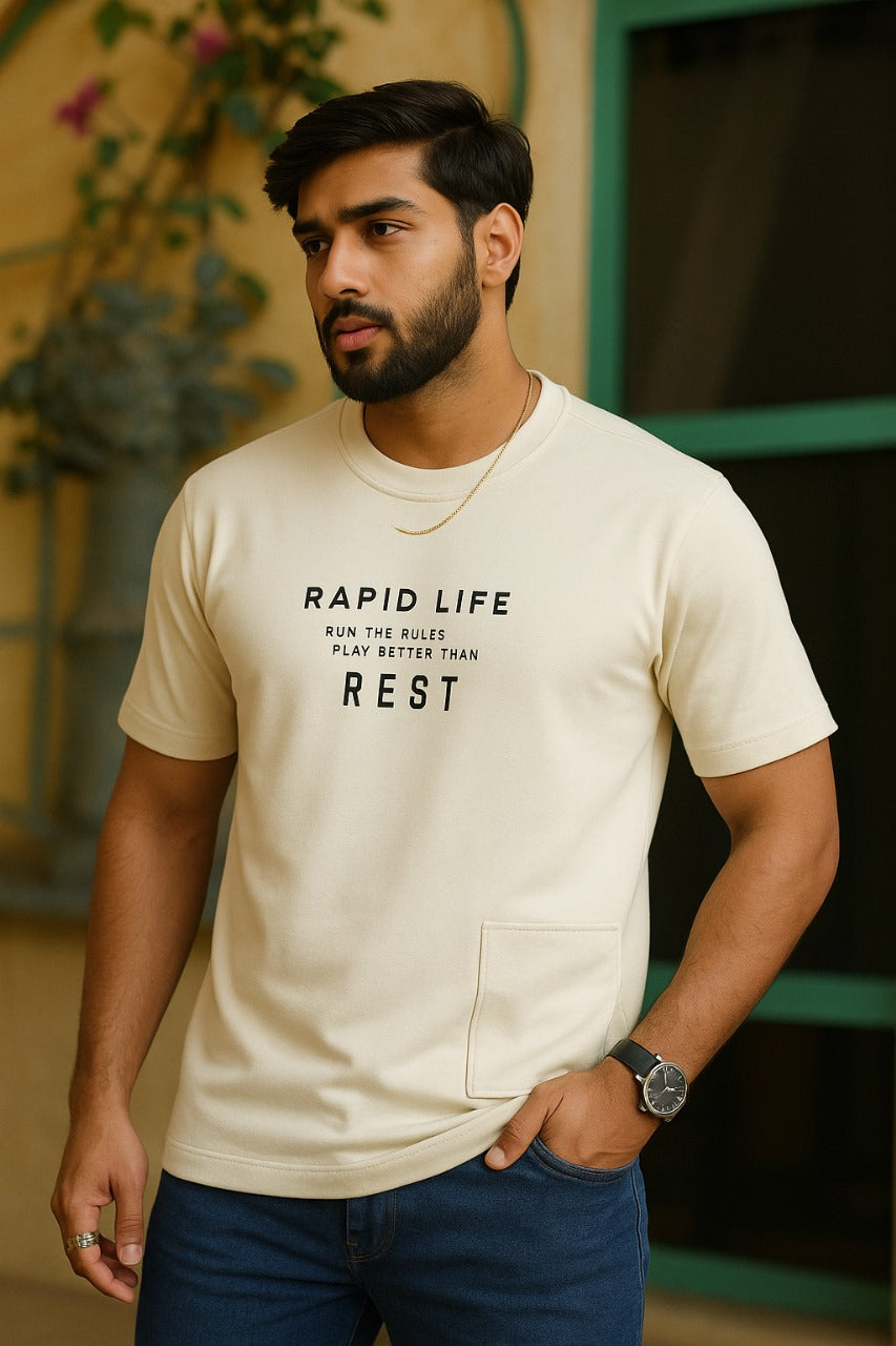 Men Round Neck Chest Print Side Pocket Half Sleeves T-Shirt