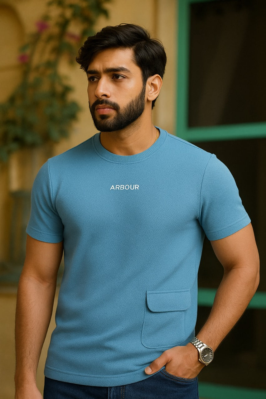 Men Round Neck Chest Print Side Pocket Half Sleeves T-Shirt
